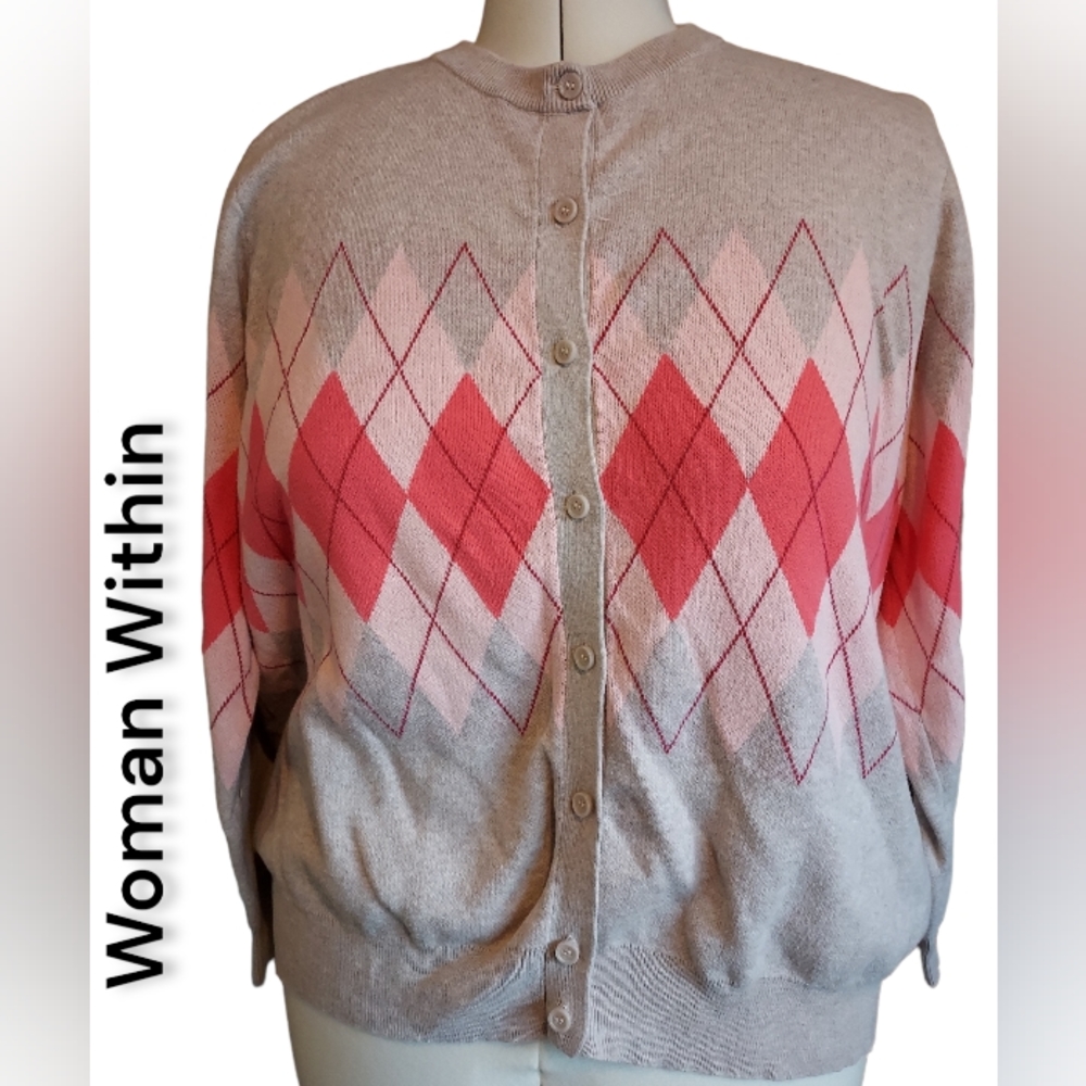 Adorable pearl gray sweater with pink argyle patterns from Woman Within.